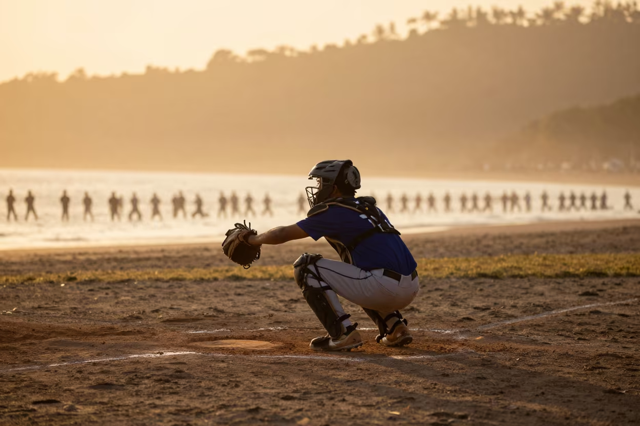 Amber Sunset Baseball Catcher Grid of Duplicates in along a beach near Lombok