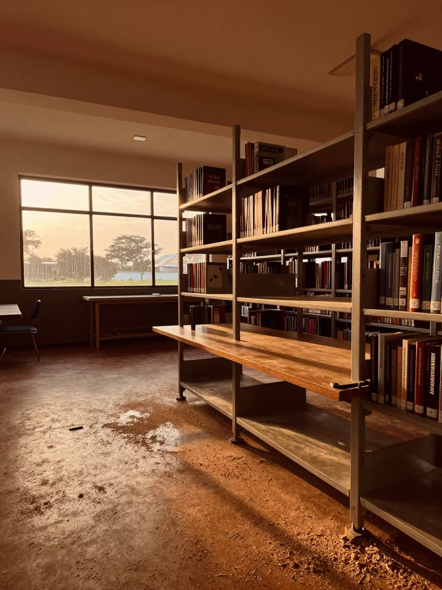 Amber Sunset Light on Woodshop Clamp Rack in inside a campus library reading room in Lusaka