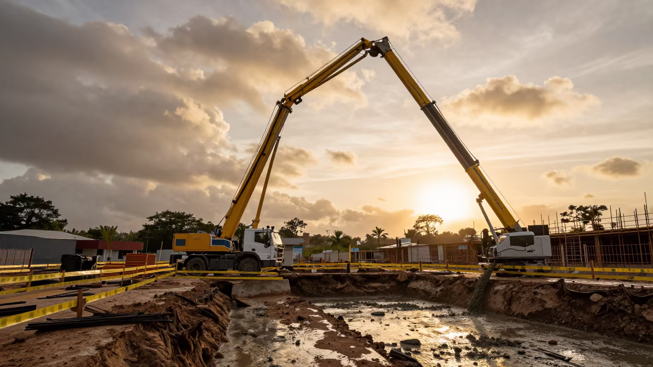 Amber Sunset Pour at Ciudad Guayana Construction Site in inside a taped-off excavation edge near Ciudad Guayana