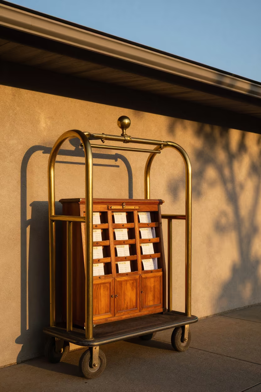 Amber Sunset Valet Ticket Cubby Mashhad Porte Cochere in at a porte cochere with brass luggage carts waiting in Mashhad