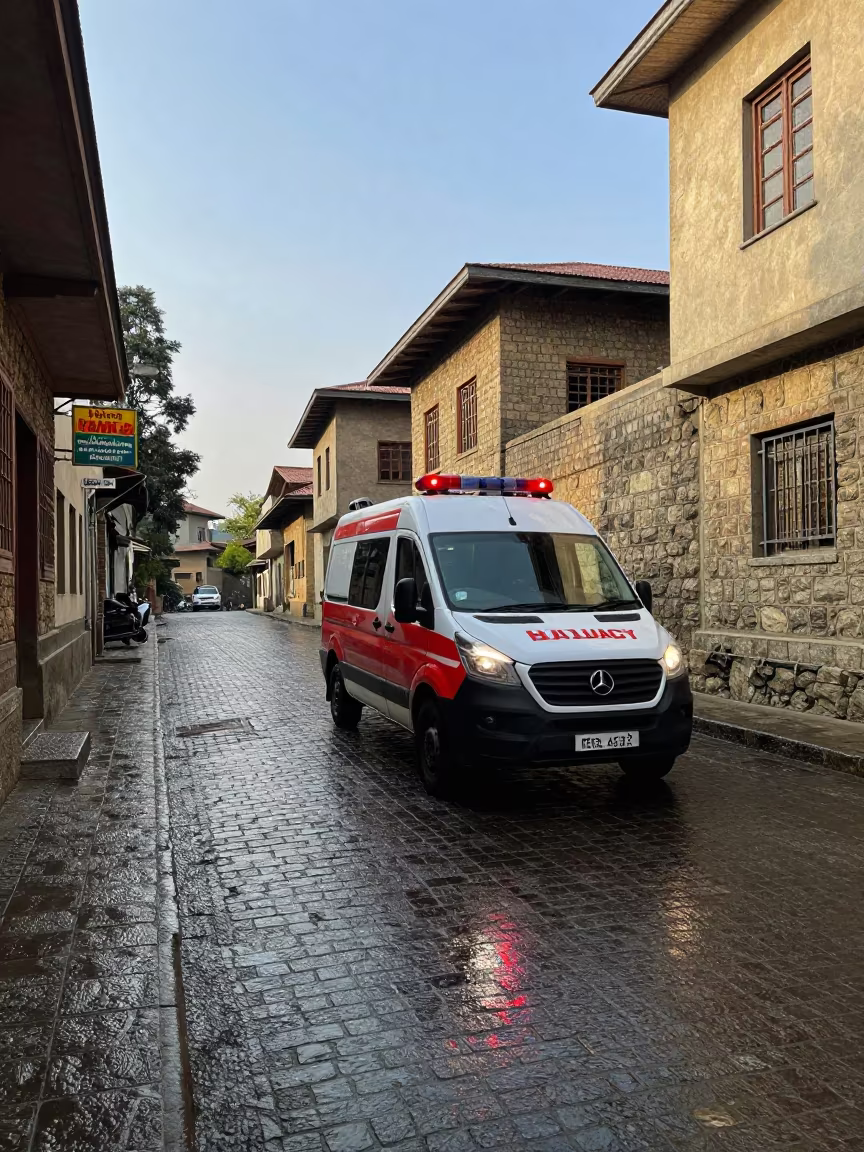 Ambulance in Addis Ababa Medieval Street in outside a late-night pharmacy on a wet street in Addis Ababa