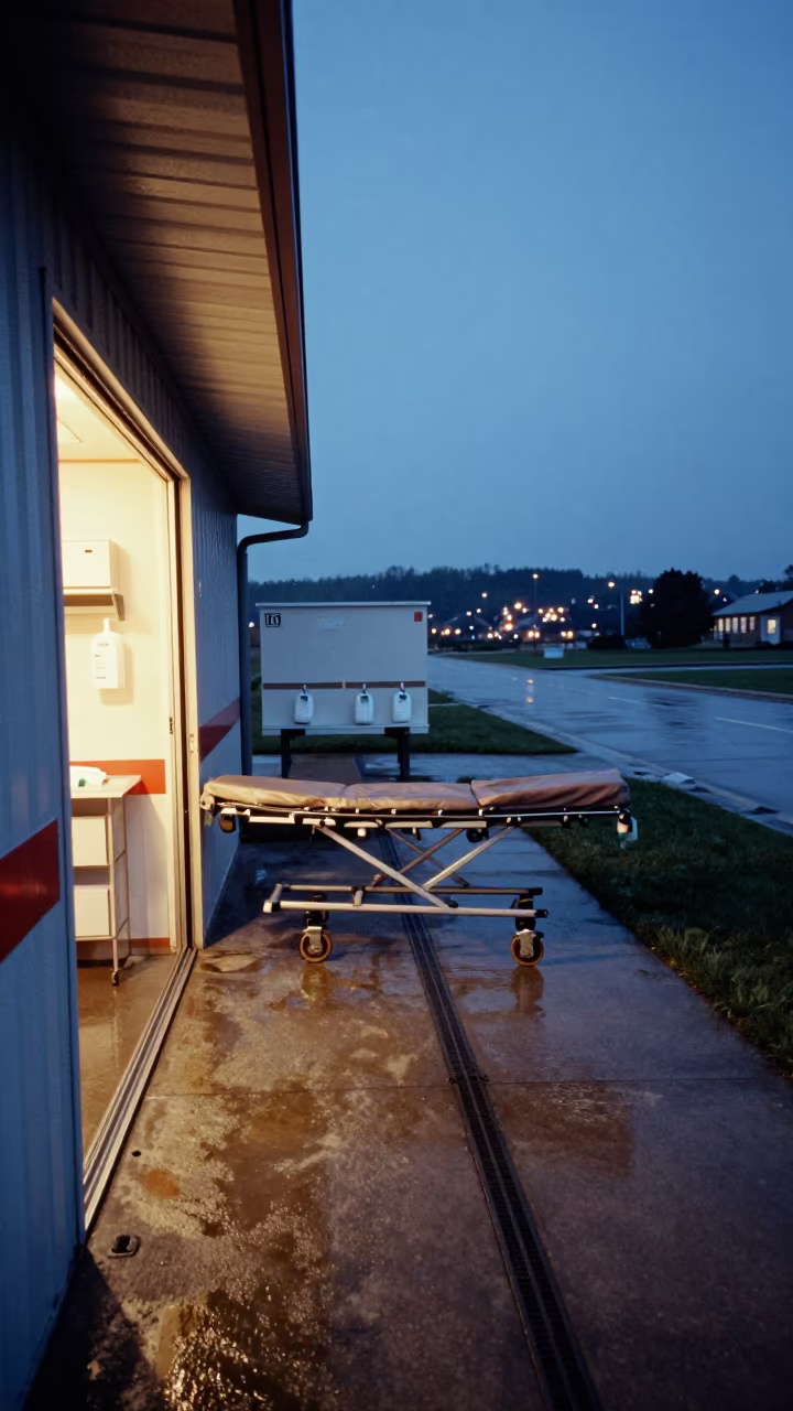 Ambulance Bay Turnover at Blue Hour Twilight in along a rain-darkened medical block near Isla Margarita