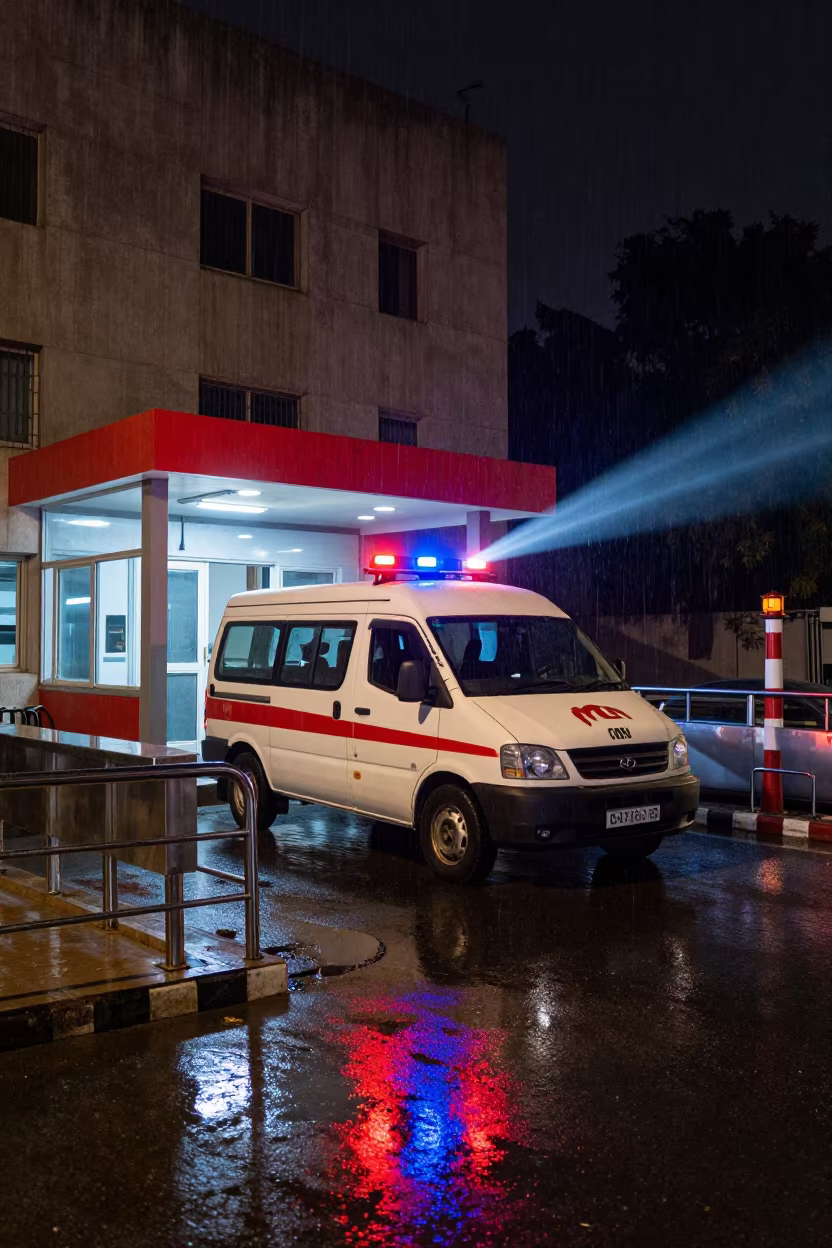 Ambulance at Chandigarh Hospital Night Entrance in outside a hospital emergency entrance in Chandigarh