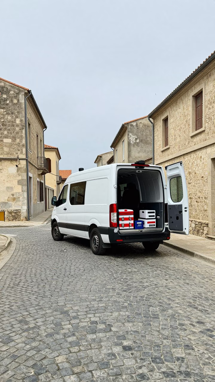 Ambulance on Cobblestones Near Oran City in at a curbside ambulance stop near Oran