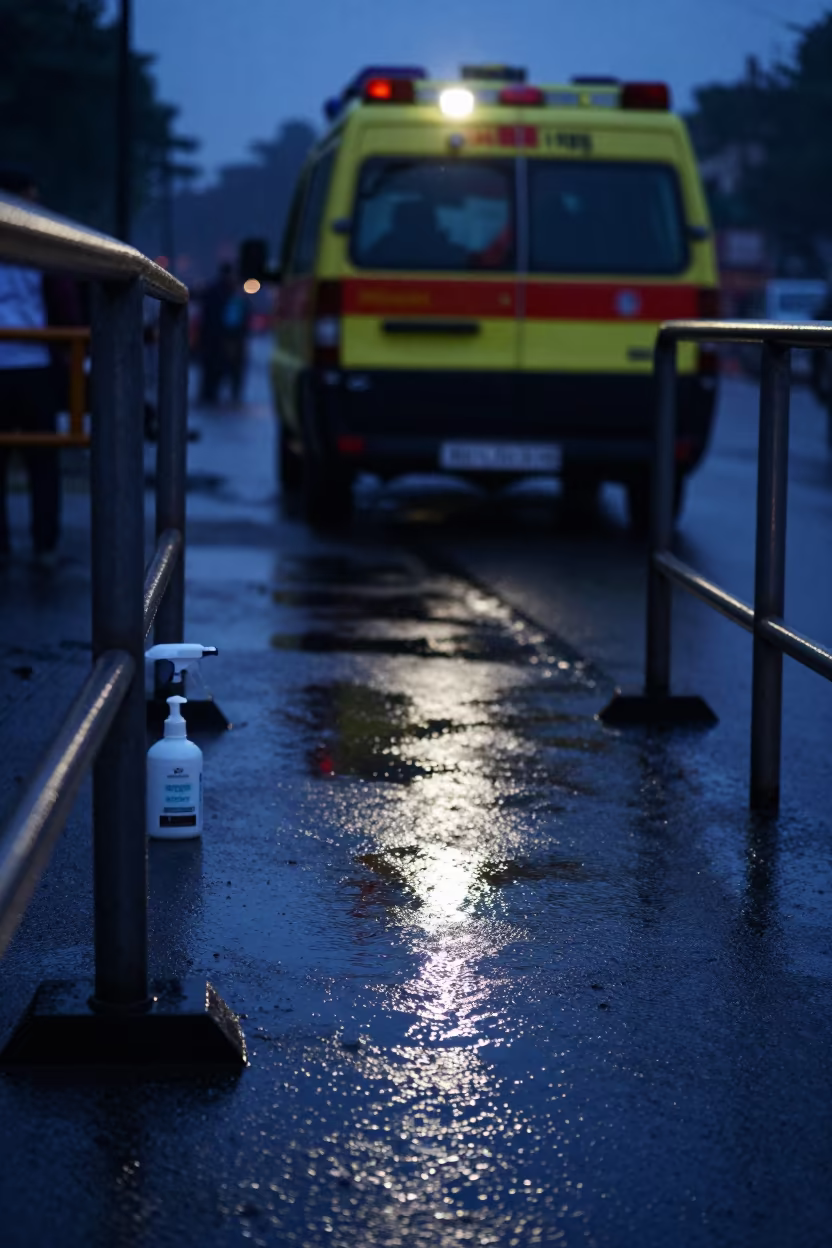 Ambulance Flash Reflection on Wet Street Corner in at a curbside ambulance stop in Mandi Bahauddin
