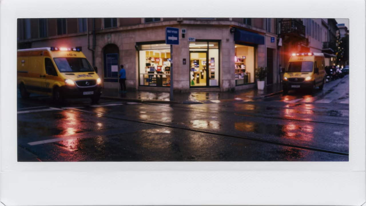 Ambulance Flash Reflects on Wet Marseille Street in outside a late-night pharmacy on a wet street in Marseille