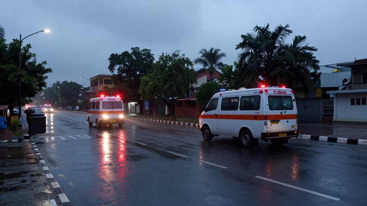 Ambulance Flash Reflects on Wet Surat Street Corner in at a curbside ambulance stop near Surat