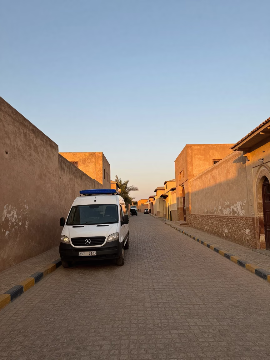 Ambulance on Hassan Cobblestones at Golden Hour in at a curbside ambulance stop in Hassan