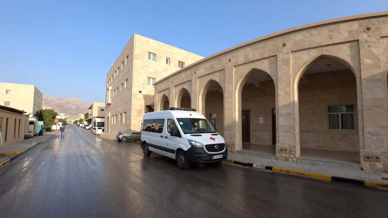 Ambulance at Hospital Entrance in Rain in outside a hospital emergency entrance in Raqqa