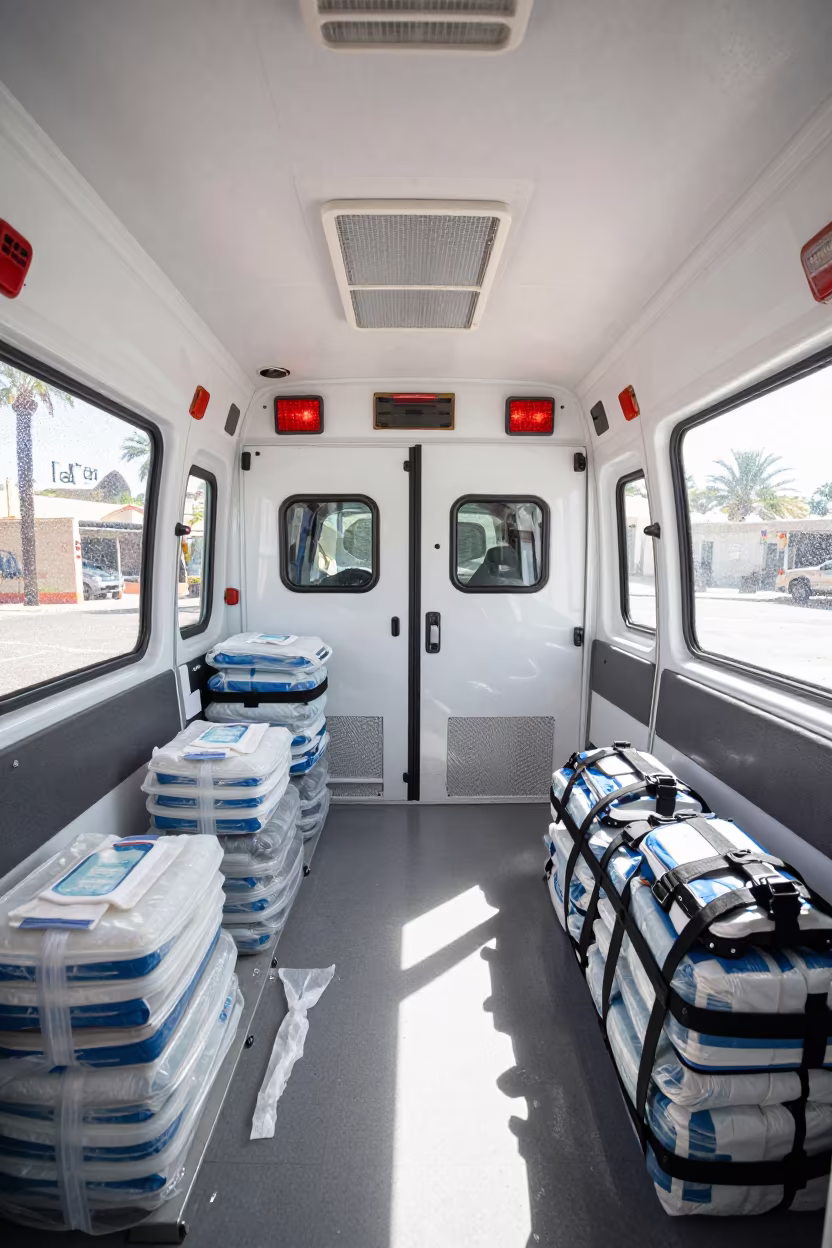 Ambulance Interior El Paso Midmorning Drizzle in at a curbside ambulance stop in El Paso