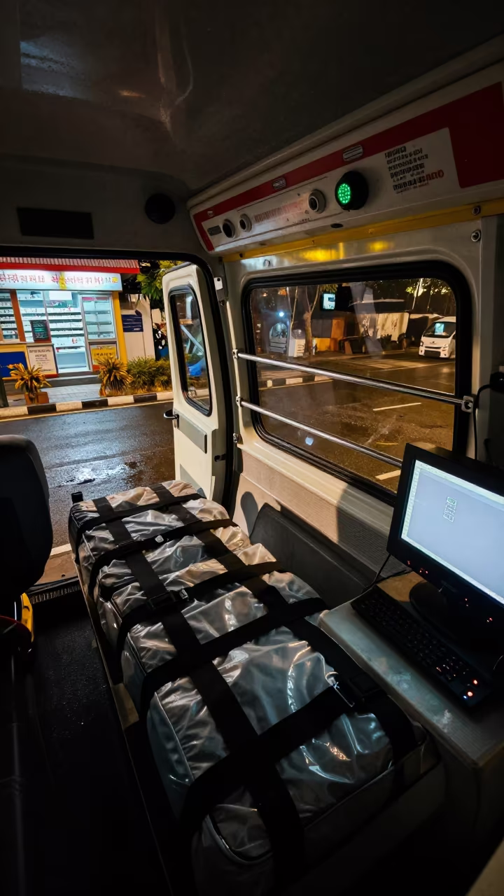 Ambulance Interior Late Night Pune Wet Street in outside a late-night pharmacy on a wet street in Pune