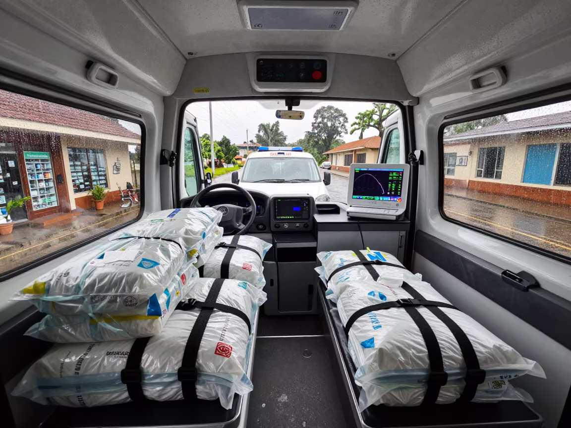 Ambulance Interior Late Shift Rainy Mbale in outside a late-night pharmacy on a wet street near Mbale