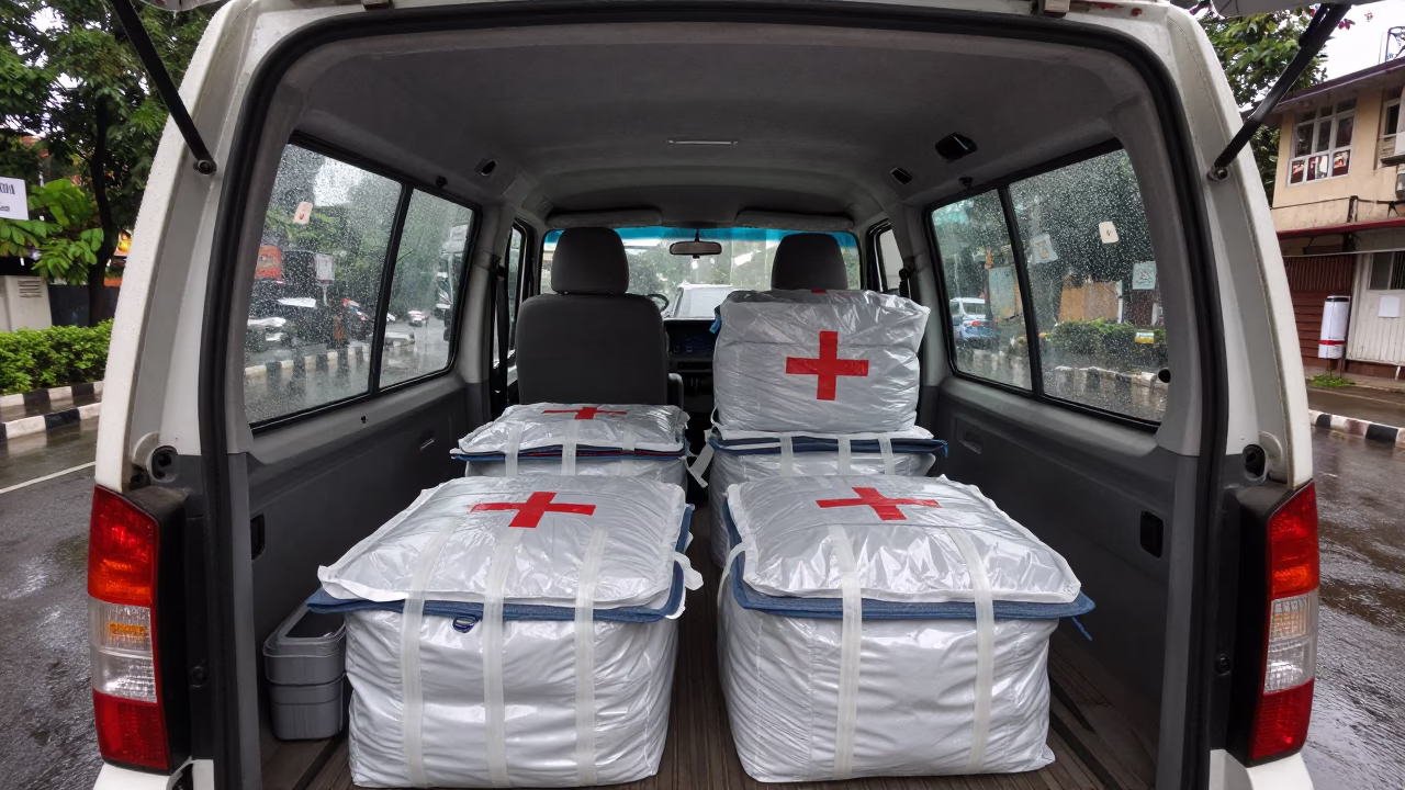 Ambulance Interior Wet Street Surat in outside a late-night pharmacy on a wet street near Surat