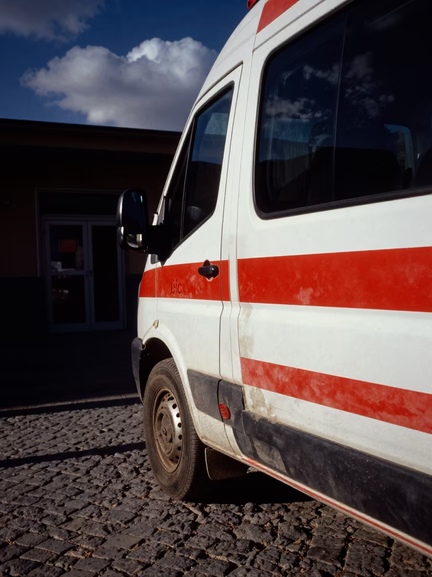 Ambulance on Isfahan Cobblestones Under Night Rim Light in outside a hospital emergency entrance in Isfahan