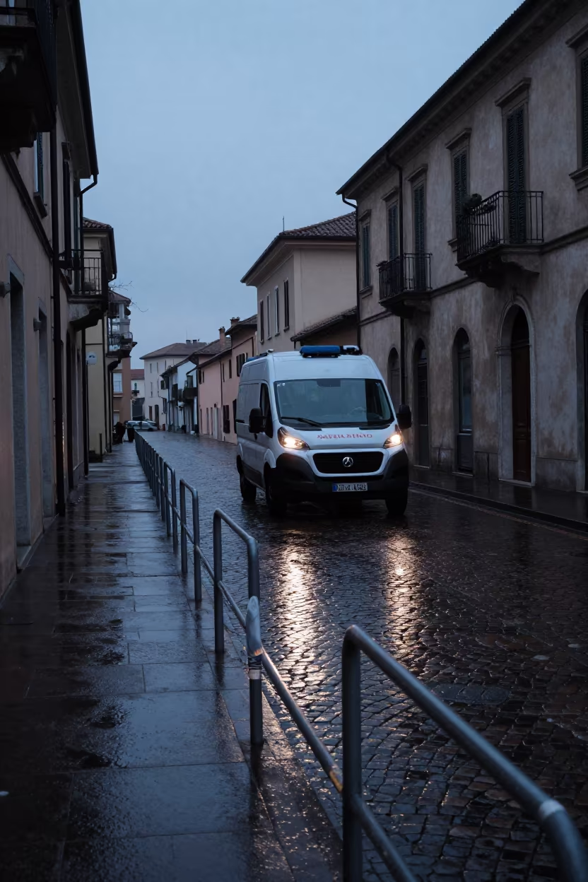 Ambulance on Rainy Cobblestones at Dawn in along a rain-darkened medical block in Rimini