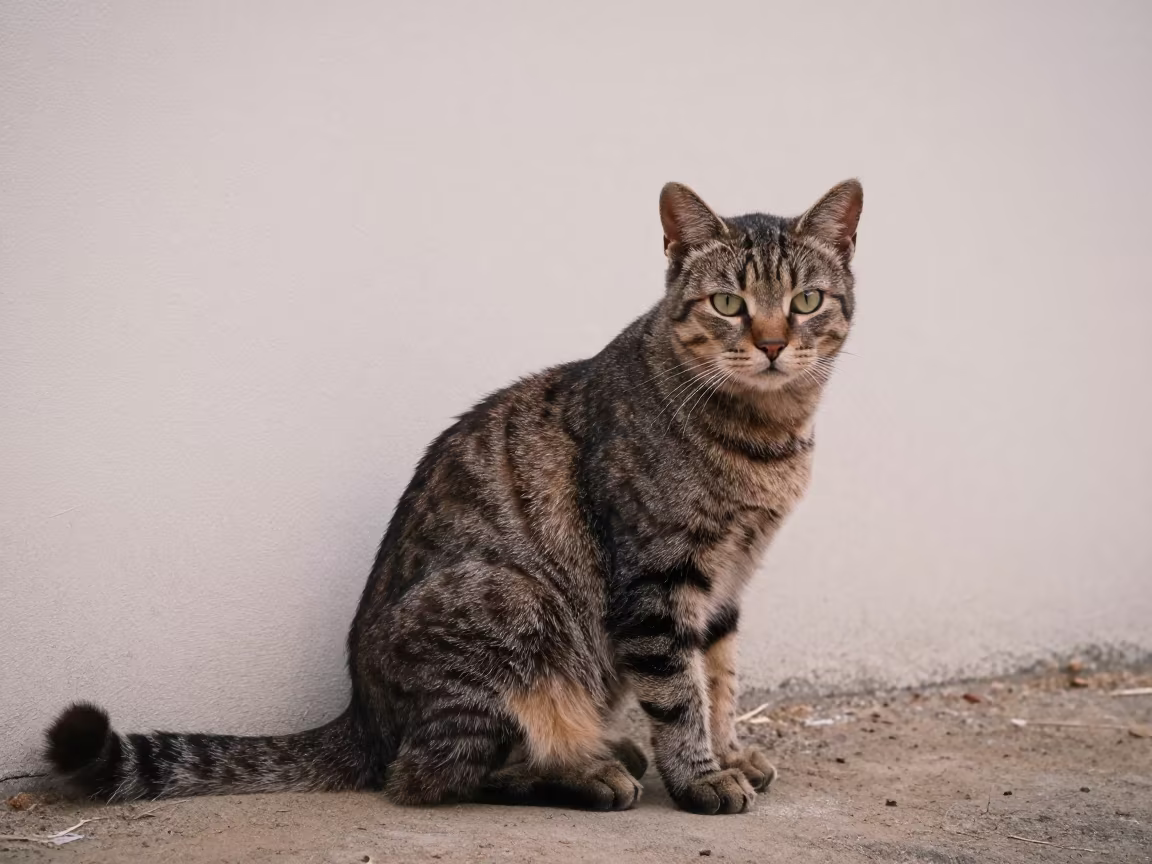 American Bobtail Cat by Courtyard Wall in beside a plain courtyard wall in clear daylight with the animal at eye level in Sumbe