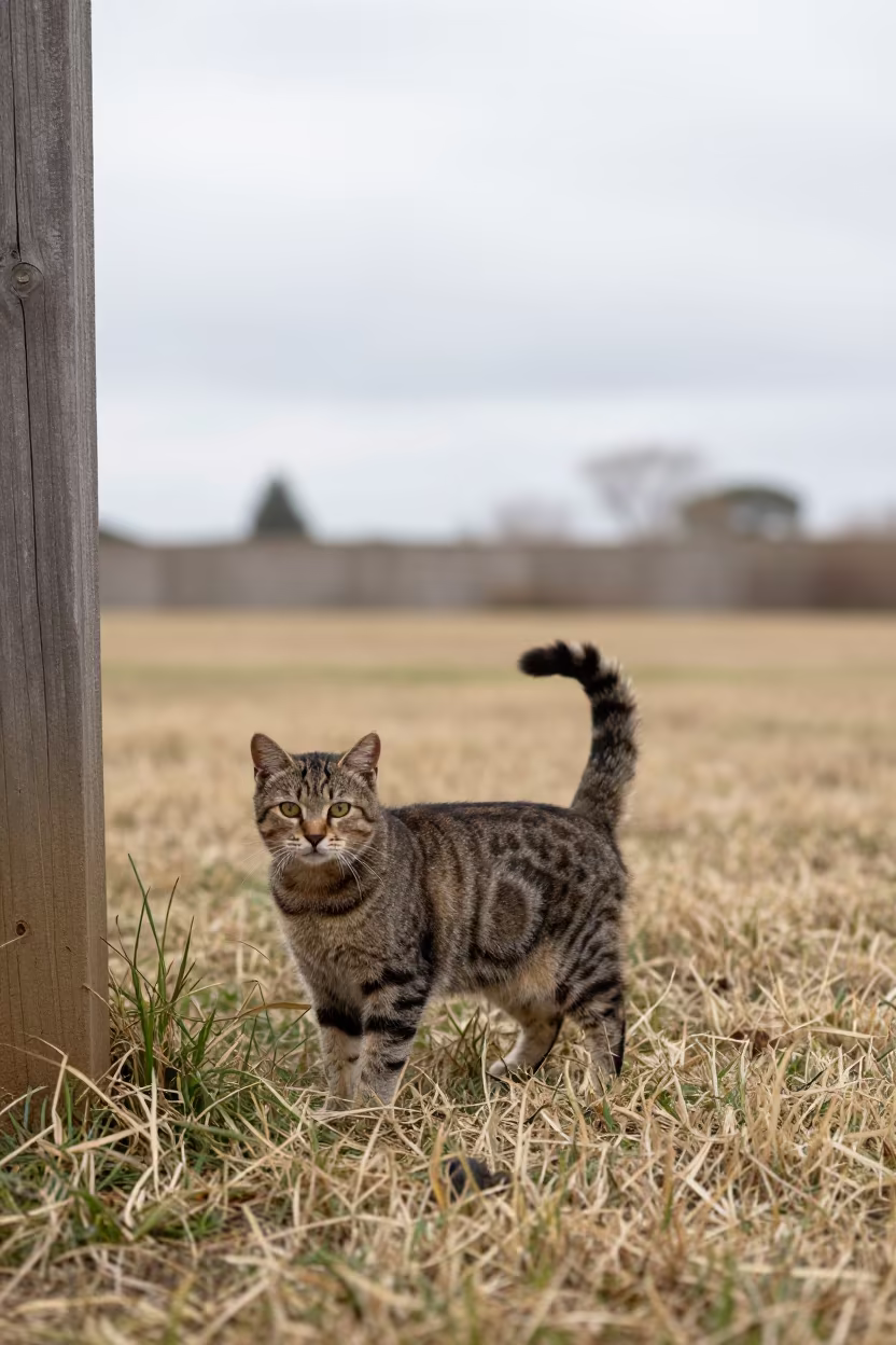 American Bobtail Cat in Polokwane Winter Garden in in a small yard with clipped grass, calm light, and the animal centered in frame in Polokwane