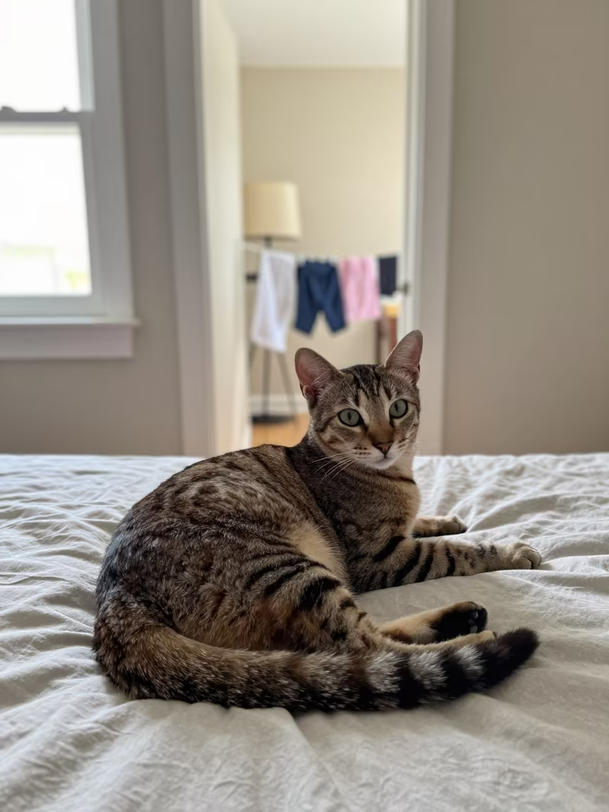 American Bobtail Cat Lounging Near Window in Trabzon Home in on a bedspread near a bright window with calm indoor light near Trabzon
