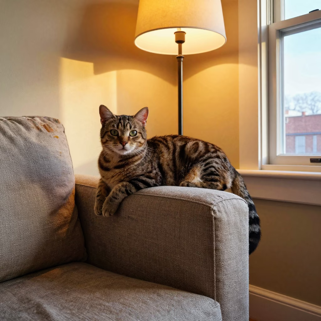American Bobtail Cat Lounging on Linen Sofa in on a linen sofa with daylight from a nearby window in Des Moines