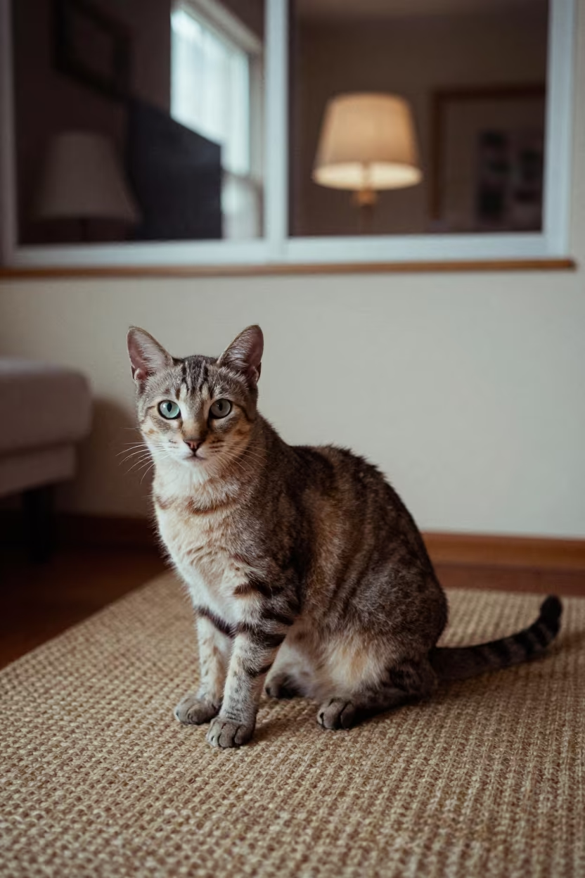 American Bobtail Cat Lounging on Rug in Gothenburg in on a woven rug beside a low couch and an uncluttered wall in Gothenburg