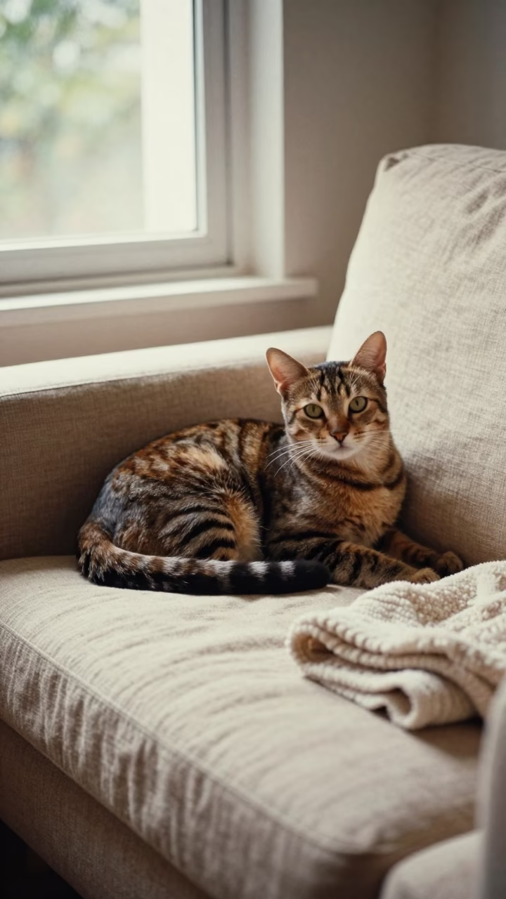 American Bobtail Cat on Linen Sofa in Porto Alegre Light in on a linen sofa with daylight from a nearby window in Porto Alegre