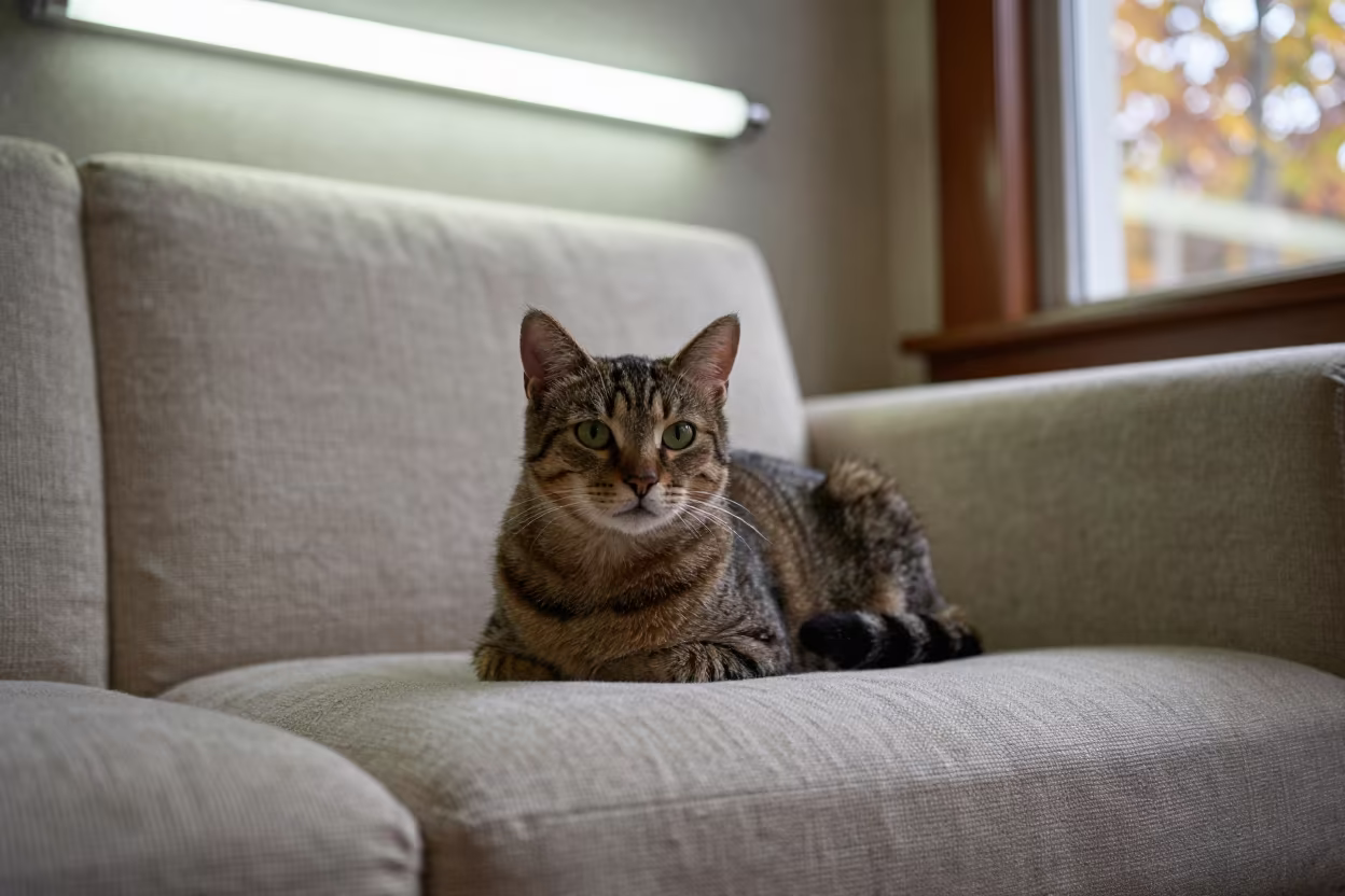 American Bobtail Cat on Linen Sofa in Xian Night in on a linen sofa with daylight from a nearby window in Xian
