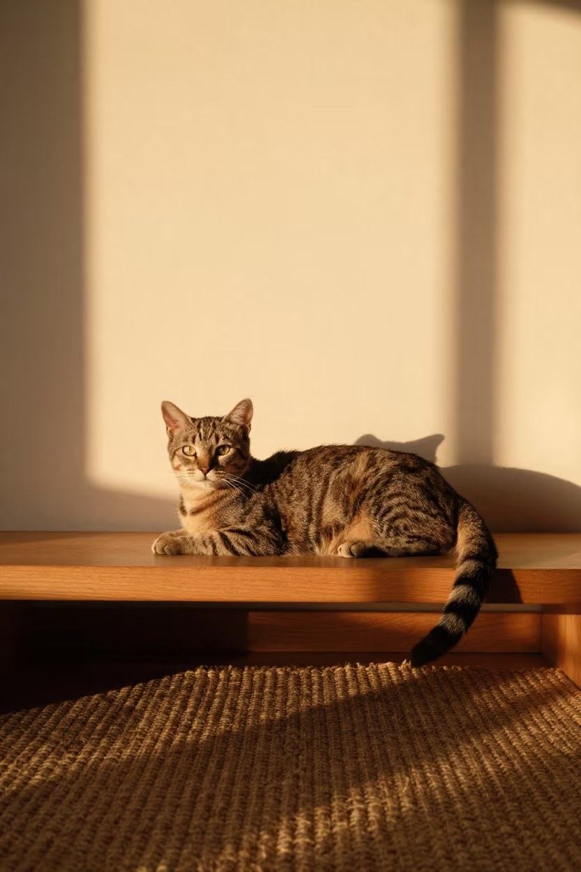 American Bobtail Cat on Rug in Bydgoszcz in on a woven rug beside a low couch and an uncluttered wall in Bydgoszcz