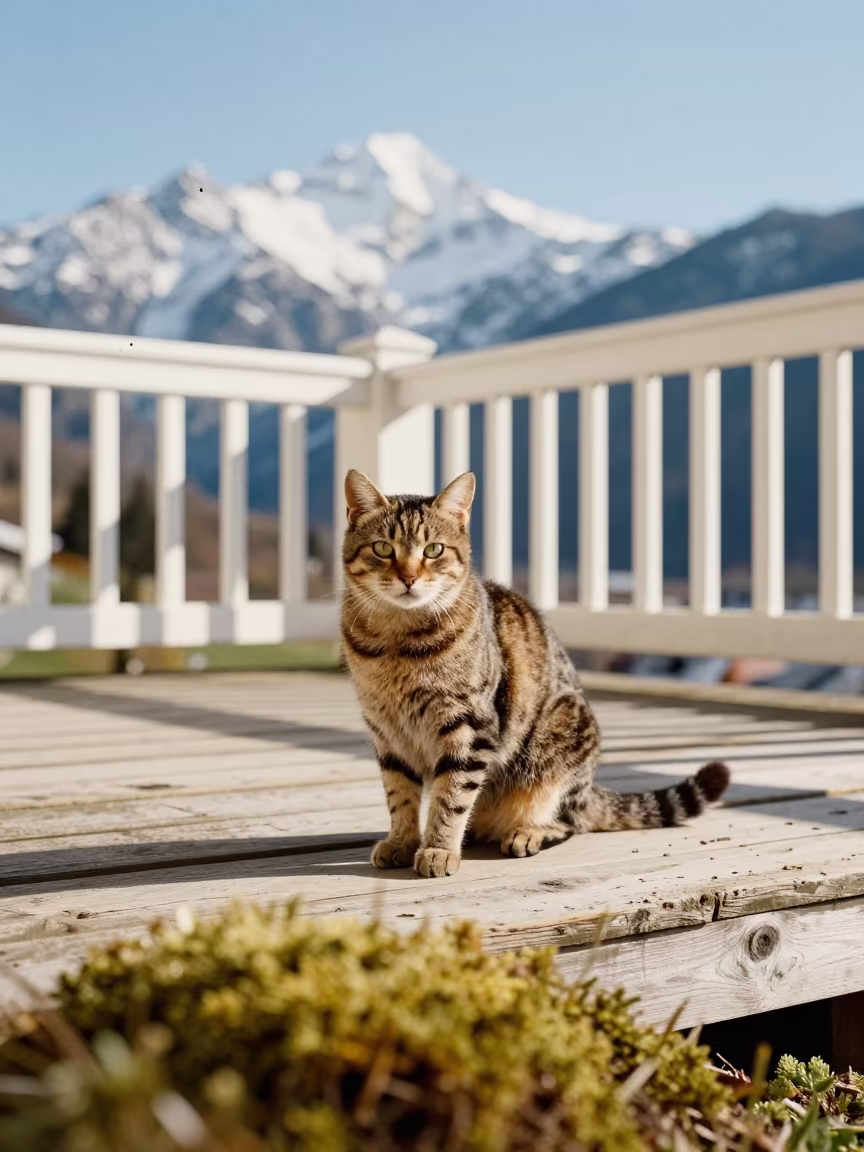 American Bobtail Cat on Salzburg Porch in Winter Light in on a shaded front porch with boards, railings, and eye-level framing in Salzburg
