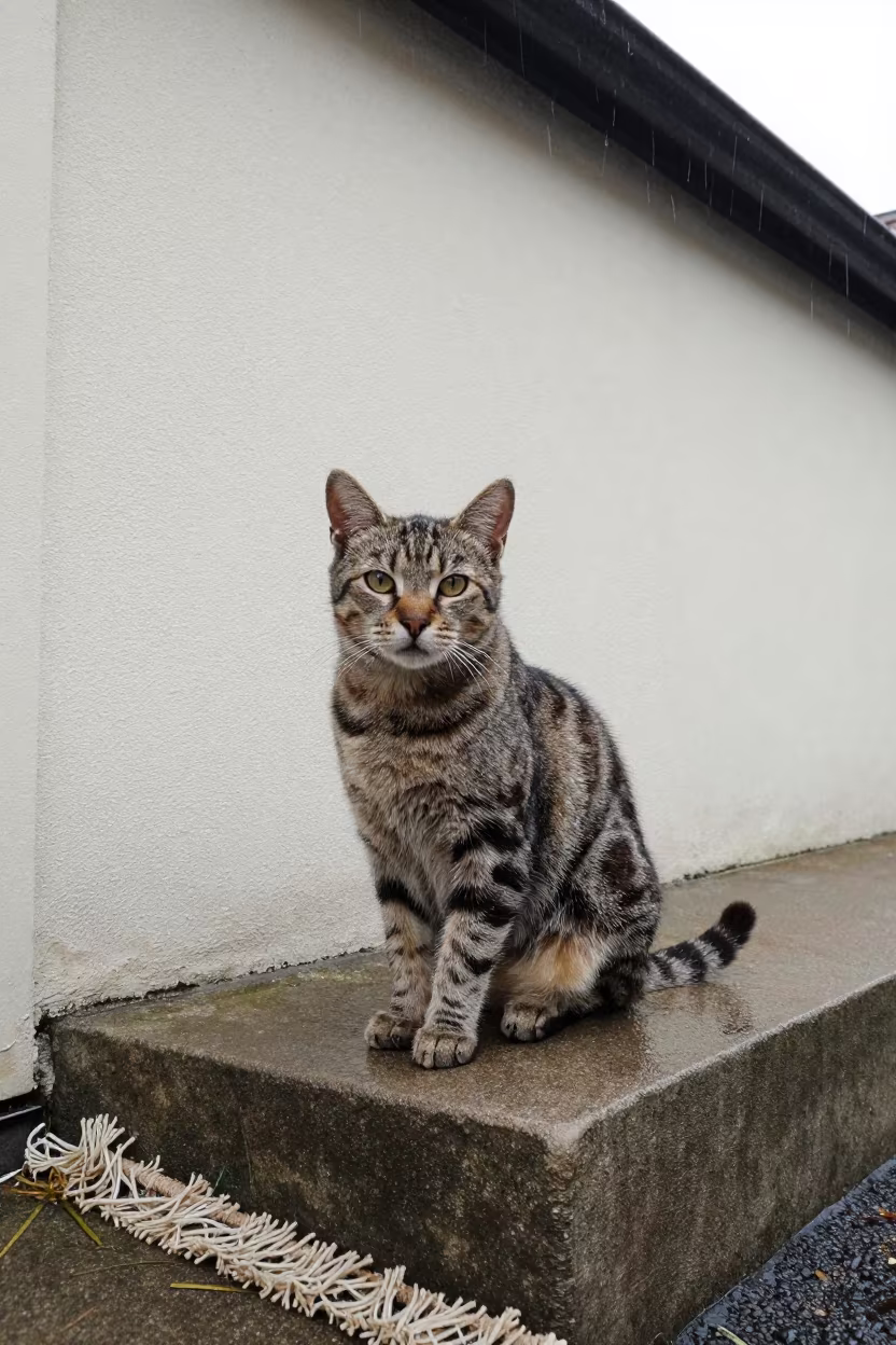American Bobtail Cat on Shaded Manchester Porch in beside a plain courtyard wall in clear daylight with the animal at eye level near Manchester