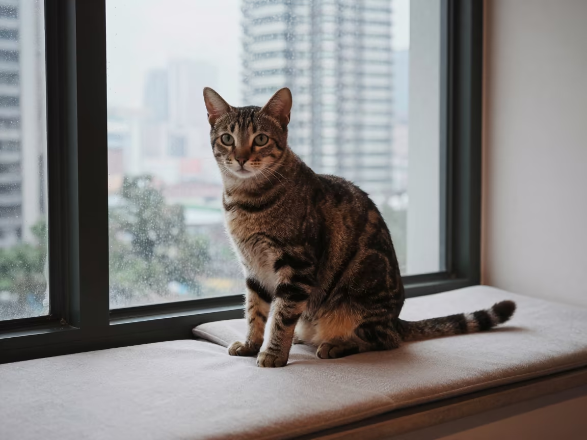 American Bobtail Cat on Window Seat in on a cushioned window seat with soft side light and an uncluttered background in Kuala Lumpur