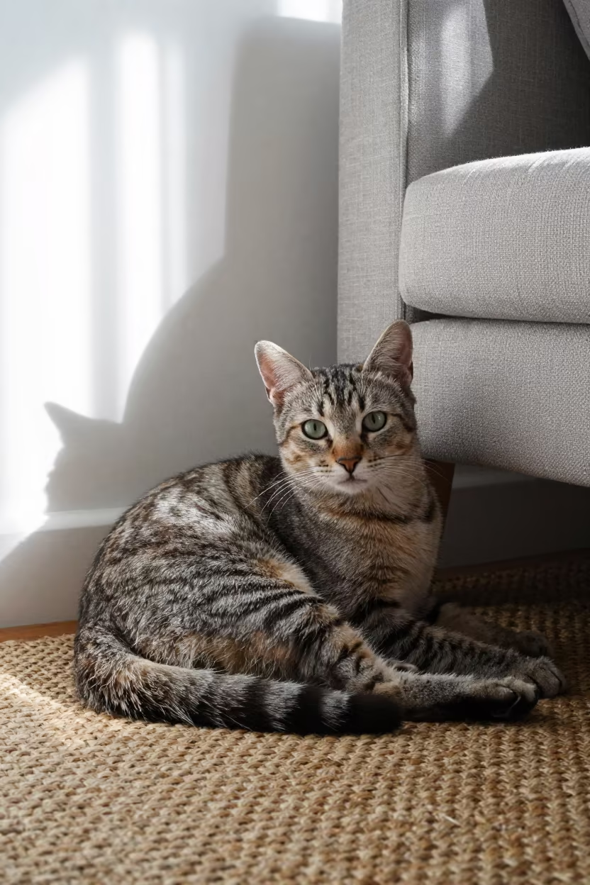 American Bobtail Cat on Woven Rug in on a woven rug beside a low couch and an uncluttered wall near Puente Alto