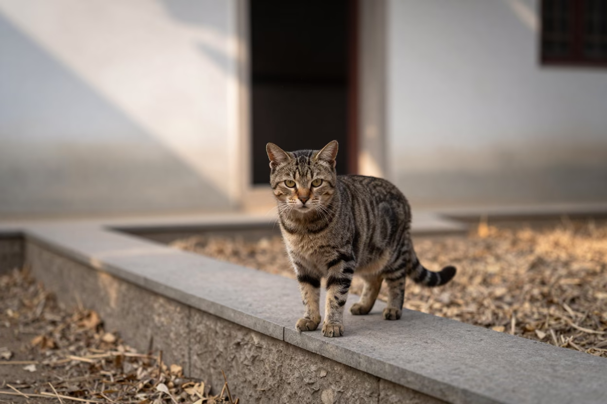 American Bobtail Cat Portrait in Lashio Garden Light in near a garden edge with soft morning light and an uncluttered background in Lashio