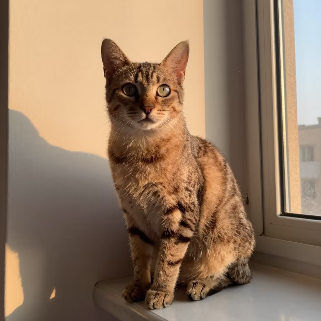 American Bobtail Cat Portrait in Nanjing Home in beside a plain plaster wall in soft indoor light with the animal centered in frame in Nanjing