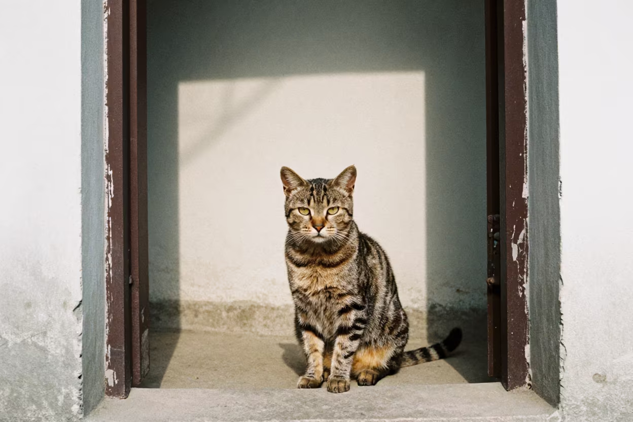 American Bobtail Cat Portrait in Tianjin in beside a plain plaster wall in soft indoor light with the animal centered in frame in Tianjin