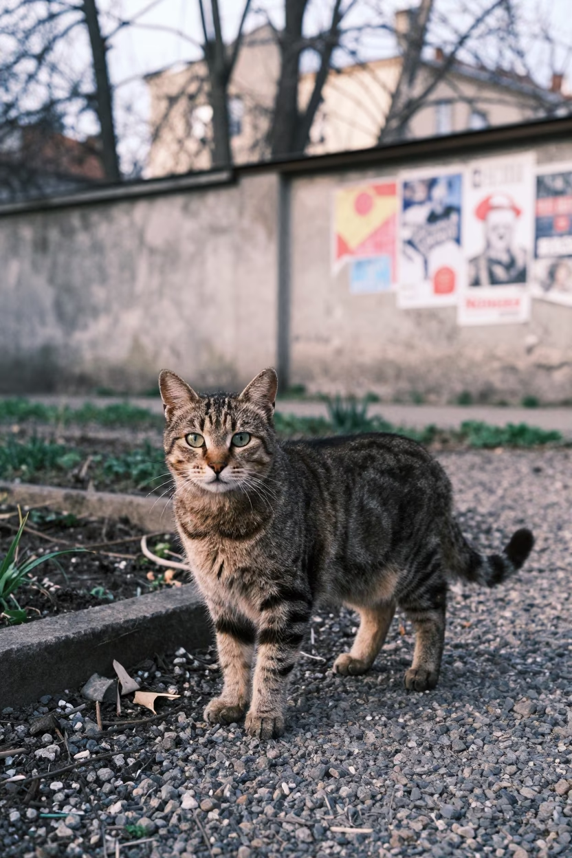 American Bobtail Cat Portrait in Warsaw Garden Morning in near a garden edge with soft morning light and an uncluttered background in Warsaw