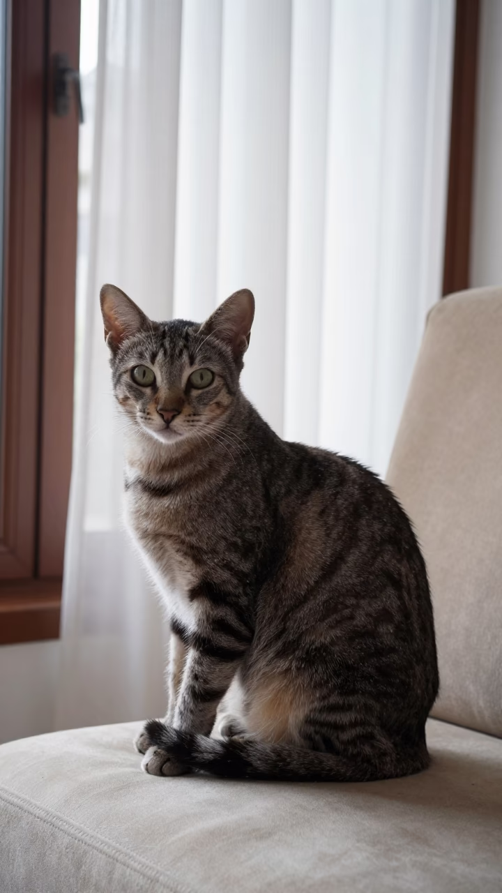 American Bobtail Cat Portrait on Sofa by Window in on a sofa near a curtained window with calm indoor light near Kafr el-Dawwar