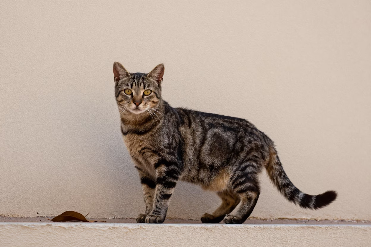 American Bobtail Cat Portrait Swakopmund Courtyard in beside a plain courtyard wall in clear daylight with the animal at eye level in Swakopmund
