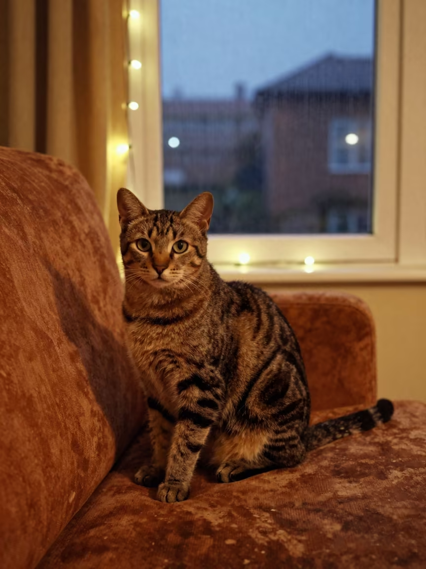 American Bobtail Portrait on Sofa in Atbarah Monsoon in on a sofa near a curtained window with calm indoor light in Atbarah