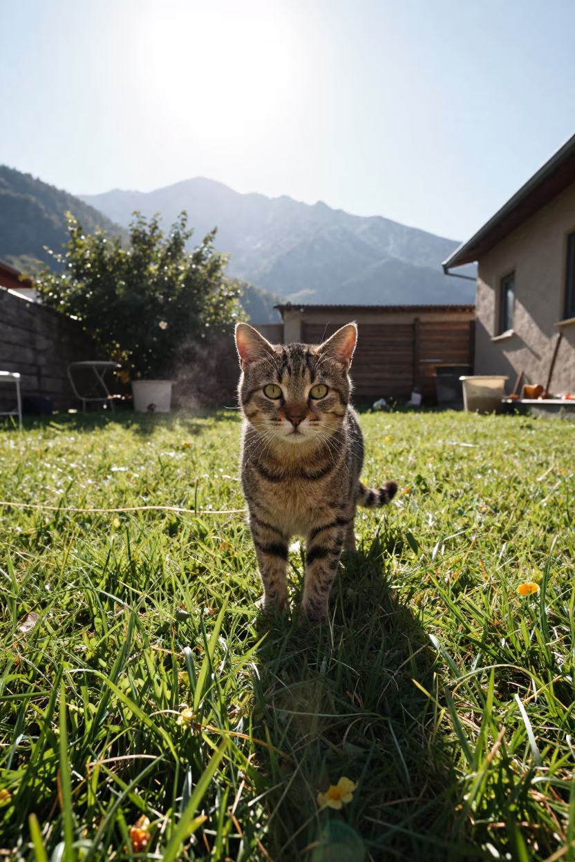 American Bobtail Shorthair Cat in Samsun Yard in in a small yard with clipped grass, calm light, and the animal centered in frame in Samsun