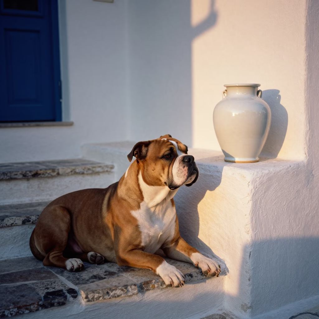 American Bulldog in Athens at Honeyed Evening Light in in Athens, Greece