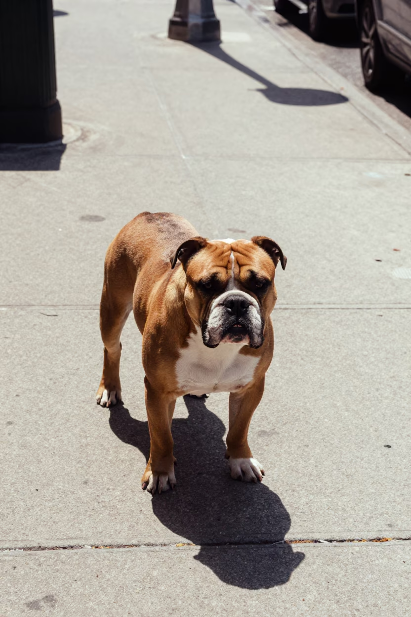 American Bulldog on New York Sidewalk Under Flat Noon Sun in in New York, New York, United States