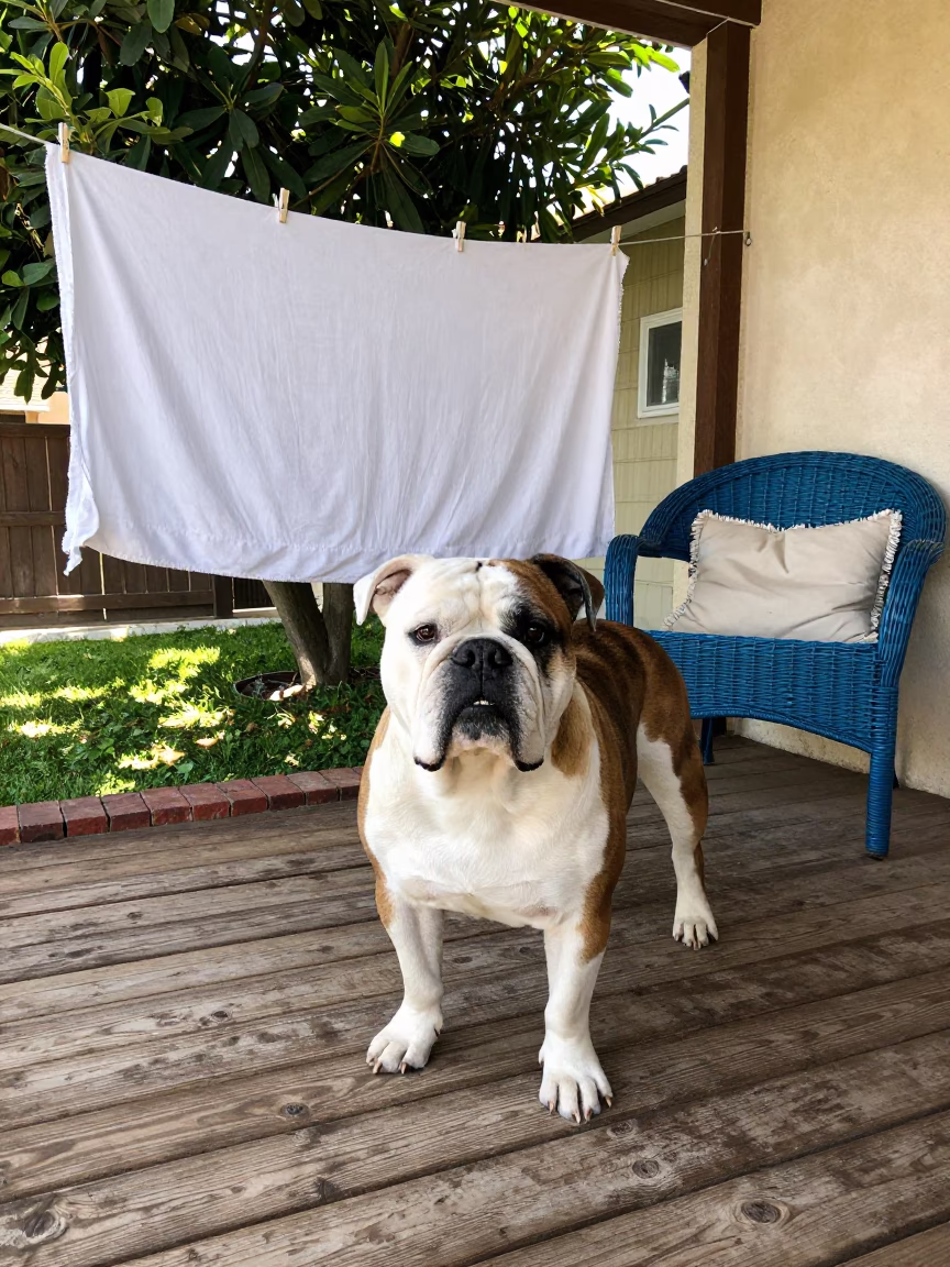 American Bulldog on Shaded Porch in Mersin Yard in in a small yard with clipped grass, calm light, and the animal centered in frame in Mersin
