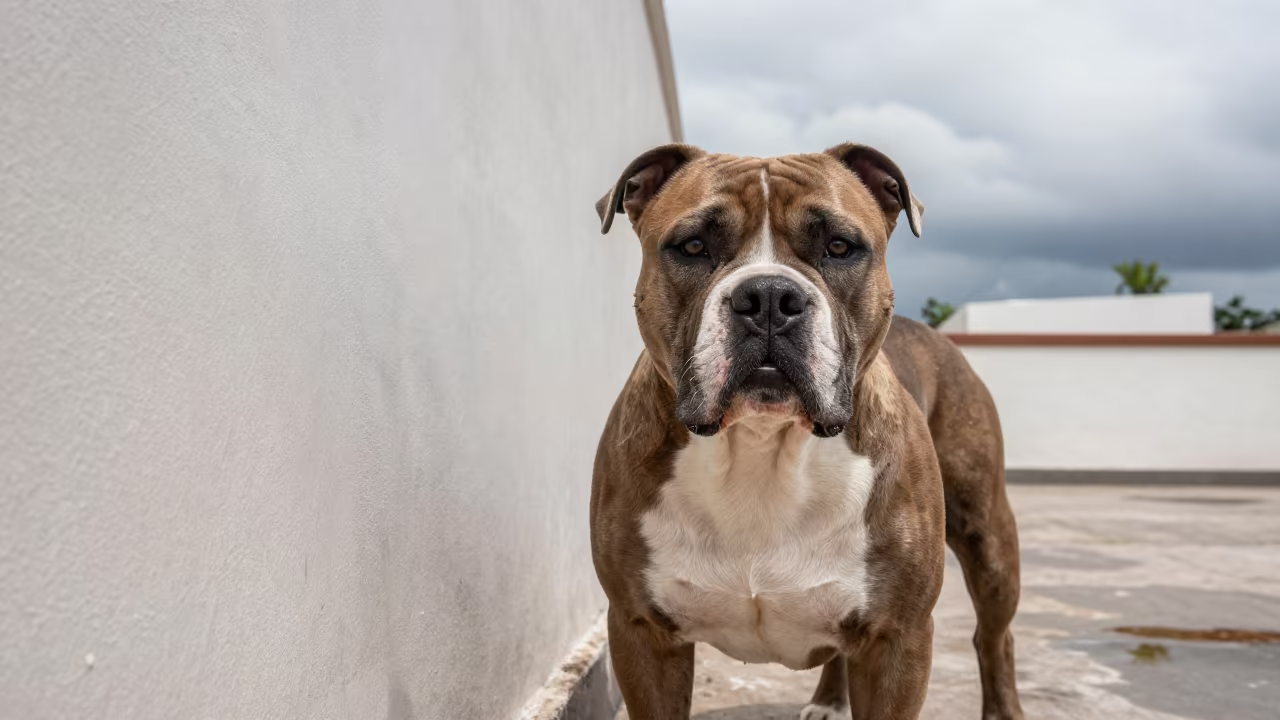 American Bulldog Portrait in Cúcuta Courtyard in beside a plain courtyard wall in clear daylight with the animal at eye level in Cúcuta