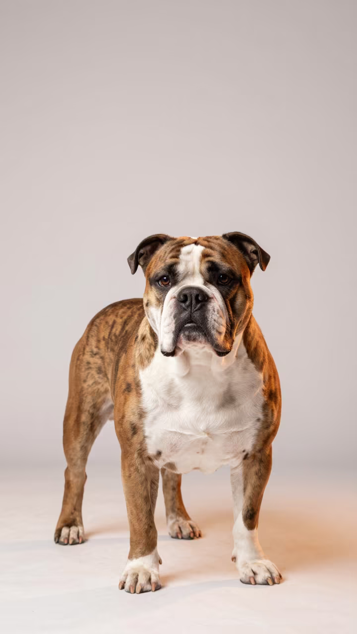 American Bulldog Portrait in Getafe Studio in in a quiet portrait studio with a plain backdrop and eye-level framing near Getafe