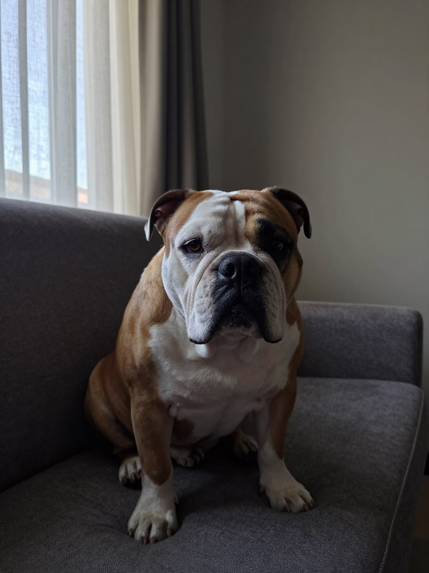 American Bulldog Portrait on Sofa Near Window in on a sofa near a curtained window with calm indoor light in Meerut