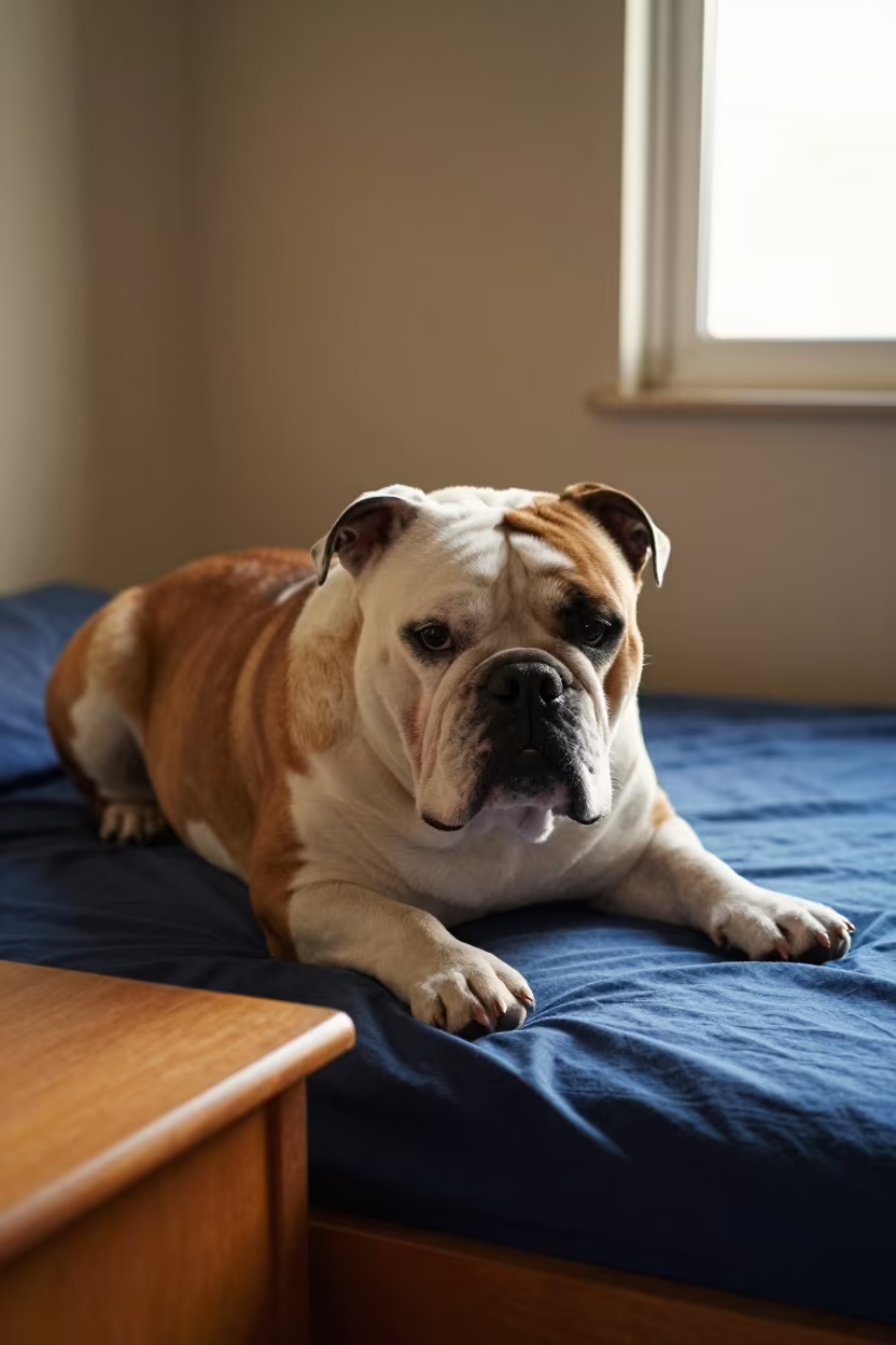 American Bulldog Resting on Bedspread Near Window in on a bedspread near a bright window with calm indoor light in Myitkyina