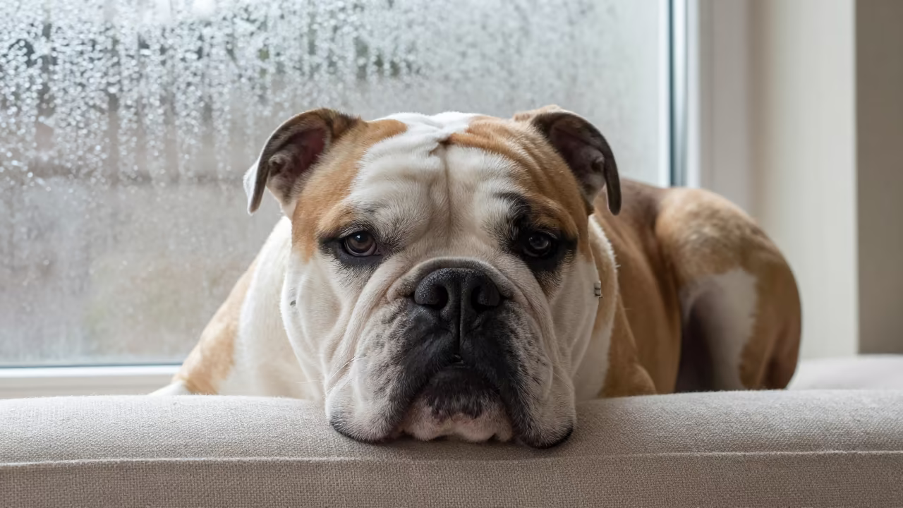 American Bulldog Resting on Linen Sofa in Mombasa in on a linen sofa with daylight from a nearby window in Mombasa