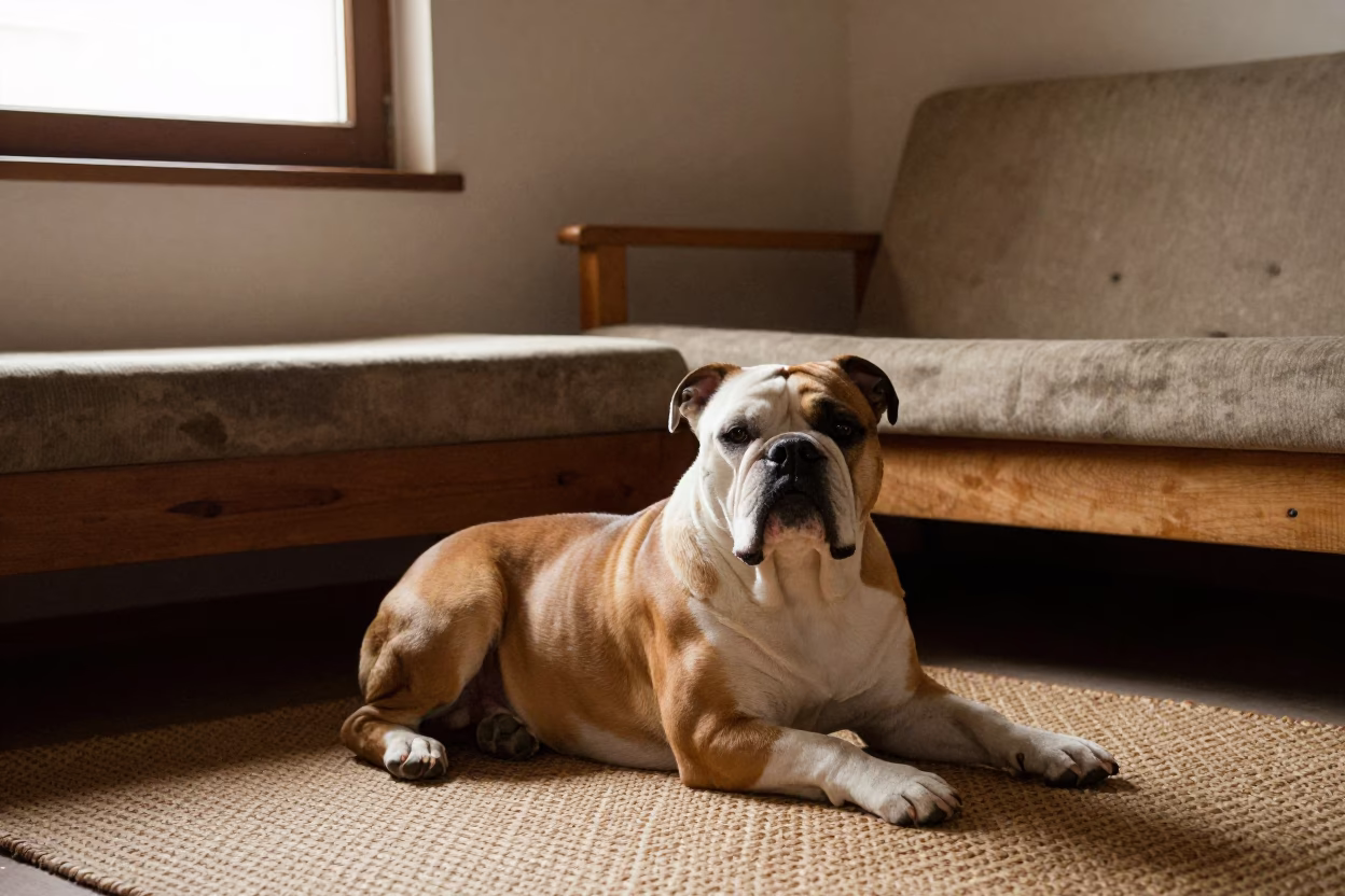 American Bulldog Resting on Rug in Kütahya Home in on a woven rug beside a low couch and an uncluttered wall in Kütahya