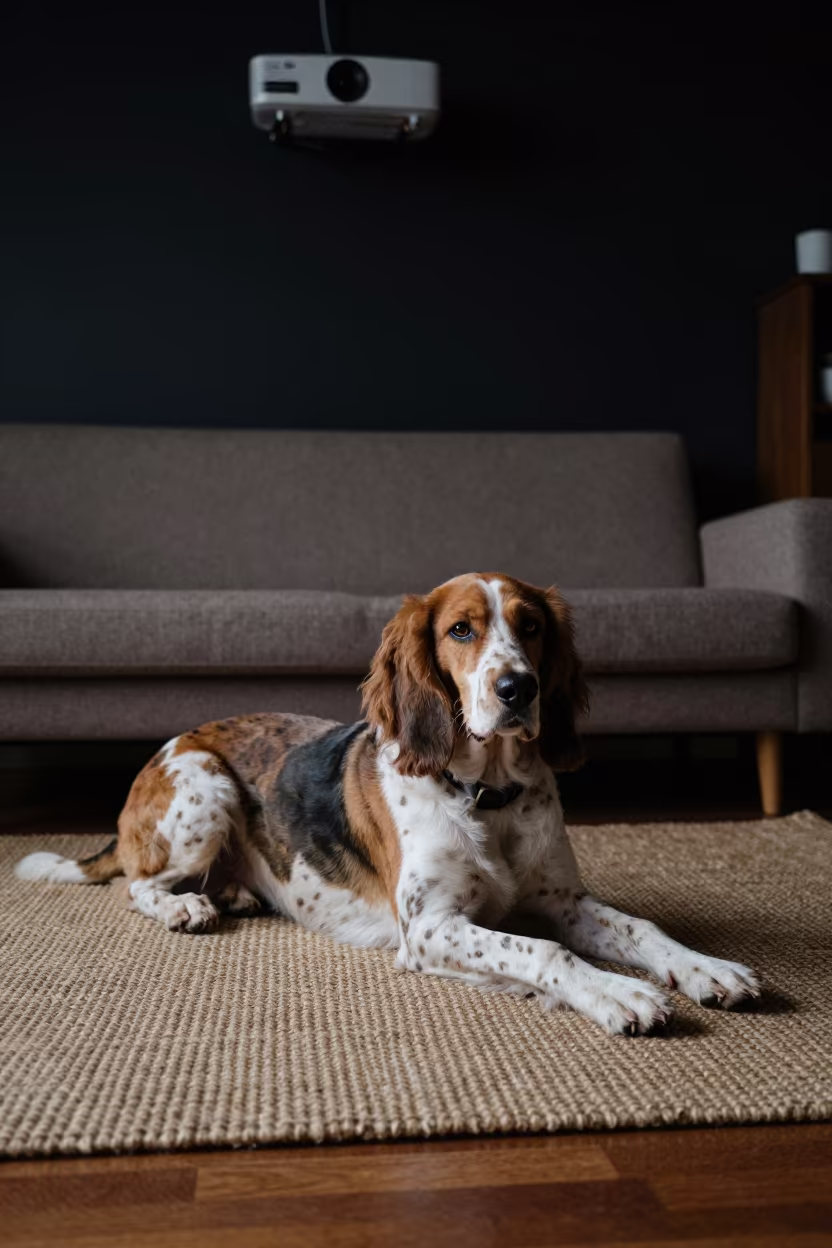 American Coonhound Resting on Woven Rug in Chiba in on a woven rug beside a low couch and an uncluttered wall in Chiba