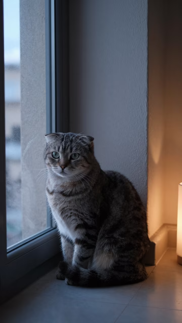American Curl Cat in Amman Morning Light in beside a plain plaster wall in soft indoor light with the animal centered in frame near Amman